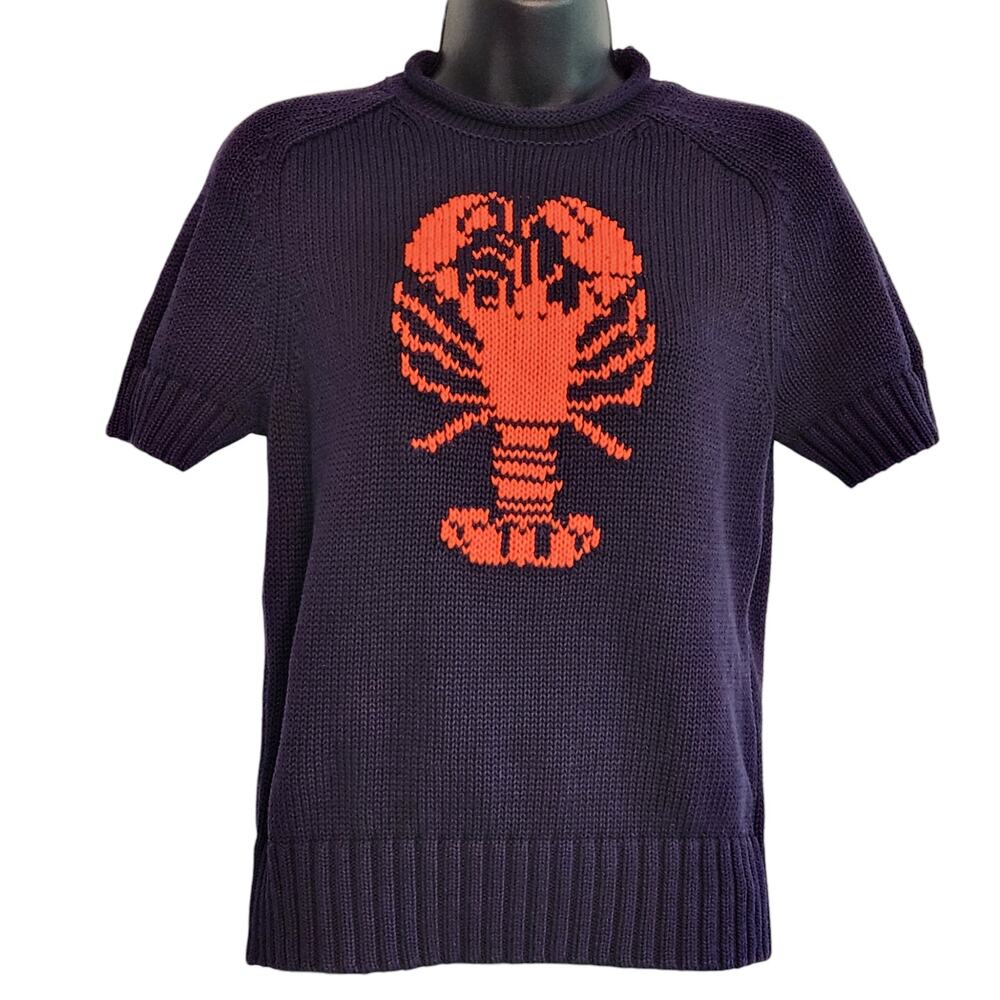 Navy Short-Sleeve Sweater with Orange Lobster Motif